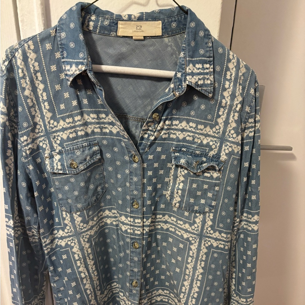 Thread And Supply Patterned Denim Chambray Button… - image 1